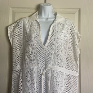 Lilly Pulitzer Beach Dress Cover Up White Cotton Lace Mesh Large draw waist